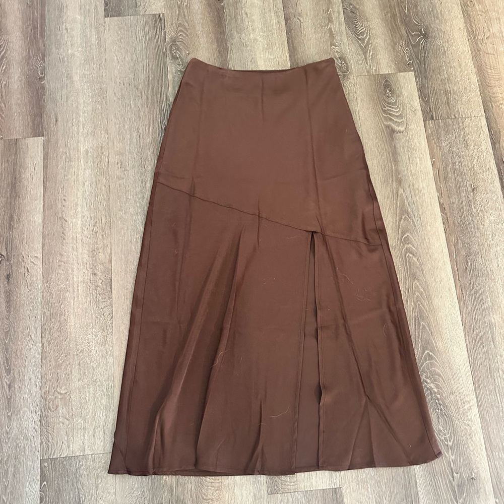 Pink Lily Asymmetrical Brown Satin Skirt